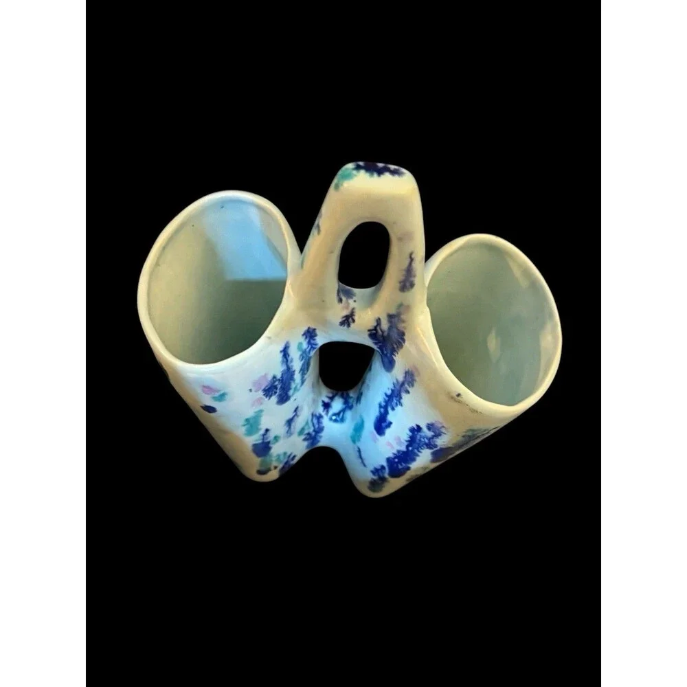Vtg Splatter Double Wedding Vase Pottery Light Blue Green Hobbyist MCM Look 1980